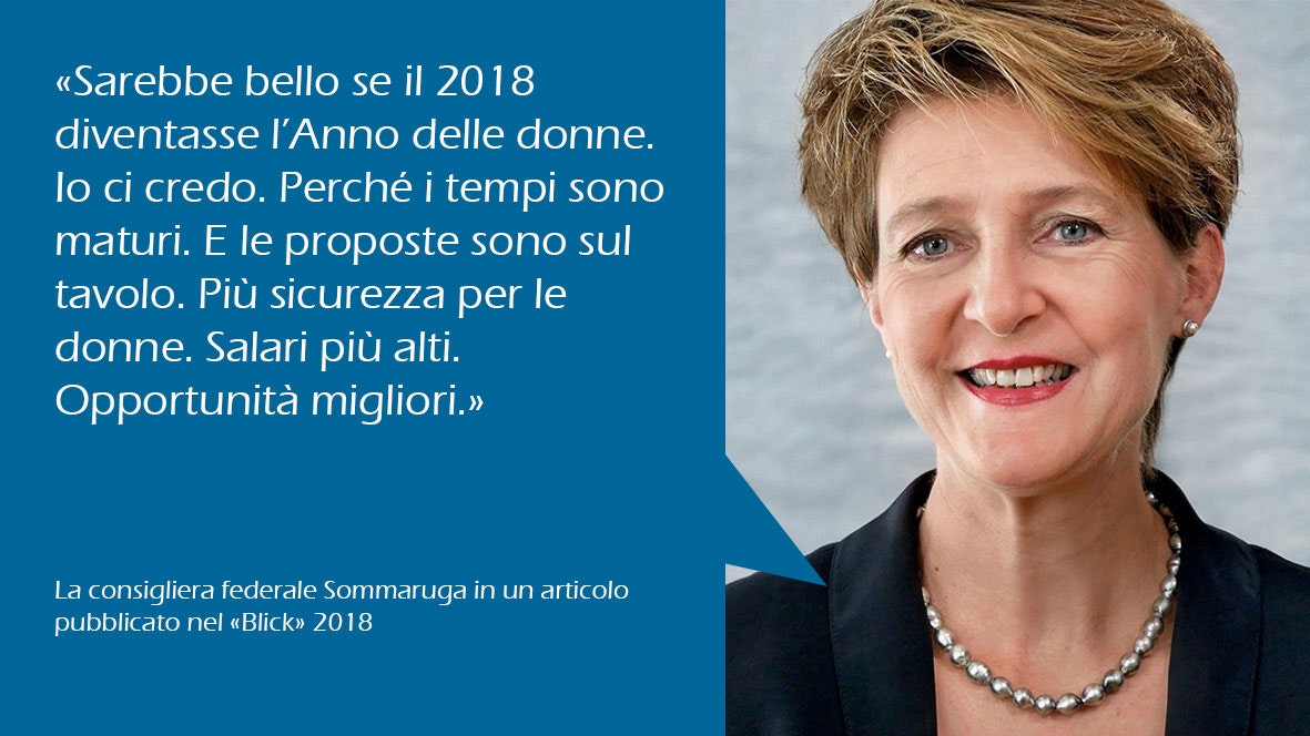 "Sarebbe bello se il 2018 diventasse l’Anno delle donne. Io ci credo. Perché i tempi sono maturi. E le proposte sono sul tavolo. Più sicurezza per le donne. Salari più alti. Opportunità migliori." - La consigliera federale Sommaruga in un articolo pubblicato nel "Blick"