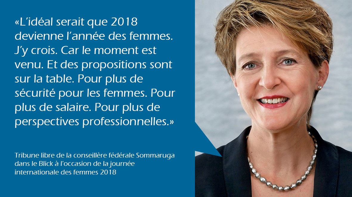 "L’idéal serait que 2018 devienne l’année des femmes. J’y crois. Car le moment est venu. Et des propositions sont sur la table. Pour plus de sécurité pour les femmes. Pour plus de salaire. Pour plus de perspectives professionnelles." Tribune libre de la conseillère fédérale Sommaruga dans le Blick à l’occasion de la journée internationale des femmes.