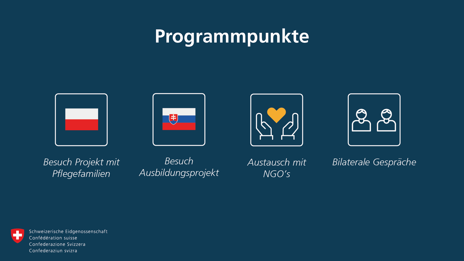 Programmpunkte: In Polen Besuch eines Projekts mit Pflegefamilien, in der Slowakei Besuch eines Ausbildungsprojekts. Ausserdem Austausch mit NGO's und bilaterale Gespräche.