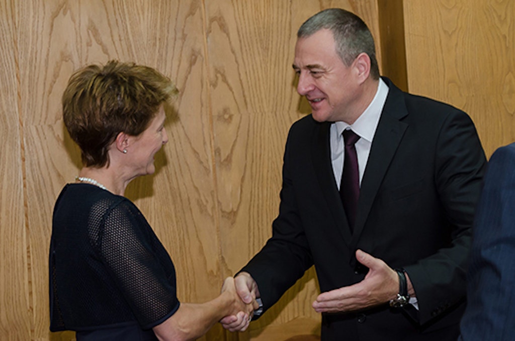 Sofia, 07.07.2014: conseillère fédérale Simonetta Sommuraga avec Tsvetlin Yovchev, ministre de l’Intérieur et Vice-Premier ministre de Bulgarie
