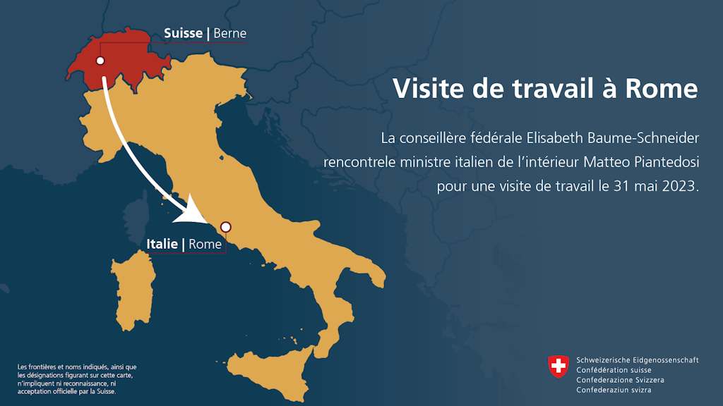 Carte géographique montrant la Suisse et l'Italie ainsi que les capitales Berne et Rome.